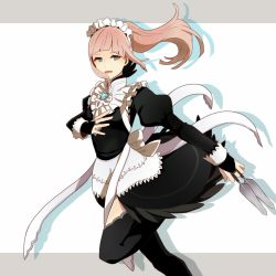 Rule 34 | 1girl, apron, blue eyes, blush, dagger, felicia (fire emblem), fire emblem, fire emblem fates, highres, knife, long hair, maid, maid apron, maid headdress, nintendo, open mouth, pink hair, ponytail, solo, thighhighs, tyotto ko i, weapon