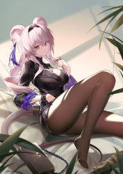 Rule 34 | 1girl, absurdres, animal ears, arknights, ass, black dress, breasts, brown pantyhose, cleavage, cleavage cutout, closed mouth, clothing cutout, dress, earrings, feet, hairband, hand up, highres, jewelry, jiusan naitang, knee up, large breasts, lin (arknights), long hair, long sleeves, looking at viewer, lying, mouse ears, mouse girl, mouse tail, no shoes, on back, pantyhose, reclining, short dress, smile, solo, tail, thighs, wristband
