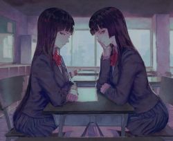Rule 34 | 2girls, amo (silent bomb19), bad id, bad tumblr id, black hair, blue skirt, blunt bangs, bow, bowtie, cardigan, chair, classroom, closed mouth, collared shirt, desk, elbows on table, feet out of frame, from side, grey eyes, half-closed eyes, hand on own cheek, hand on own face, head rest, indoors, long hair, long sleeves, looking at viewer, looking to the side, multiple girls, original, pleated skirt, red eyes, red neckwear, school, school desk, school uniform, shirt, sitting, skirt, symmetry, very long hair, white shirt, wing collar