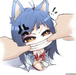 Rule 34 | 1girl, 1other, ahri (league of legends), anger vein, angry, animal ears, artist request, bare shoulders, blue hair, cheek pinching, cheek pull, chibi, clenched hand, facial mark, finger in another&#039;s mouth, fingersmile, forced smile, fox ears, fox girl, hand on another&#039;s cheek, hand on another&#039;s face, kitsune, kyuubi, league of legends, looking at viewer, pinching, solo focus, whisker markings