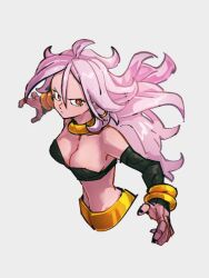 Rule 34 | 1girl, android 21, bracelet, breasts, choker, cleavage, closed mouth, colored skin, dragon ball, dragon ball fighterz, grey background, jewelry, kemachiku, long hair, looking at viewer, majin android 21, medium breasts, midriff, navel, pink hair, pink skin, red eyes, simple background, solo, upper body, yellow choker
