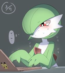 Rule 34 | blush, bob cut, colored skin, computer, creatures (company), forced smile, game freak, gardevoir, gardevoir day, gen 3 pokemon, green hair, grey background, hair over one eye, laptop, lets0020, multicolored skin, nintendo, pink eyes, pokemon, pokemon (creature), simple background, two-tone skin, typing, white skin