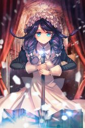 Rule 34 | alnilam, black hair, blue eyes, blurry, bokeh, braid, character request, curtains, depth of field, indoors, long hair, looking at viewer, maid, maid headdress, solo, sword, sword girls, weapon