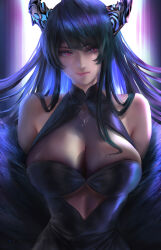 Rule 34 | 1girl, absurdres, asymmetrical horns, bare shoulders, black hair, blue hair, breasts, chain, chain necklace, cleavage, clothing cutout, colored inner hair, crystal horns, demon horns, dress, hair over shoulder, highres, hololive, hololive english, horn flower, horns, jewelry, large breasts, long hair, looking at viewer, mole, mole under eye, multicolored hair, necklace, nerissa ravencroft, red eyes, see-through, see-through cleavage, see-through dress, shoulder cutout, smile, solo, split-color hair, twitter logo, twitter username, two-tone hair, uneven horns, upper body, virtual youtuber, watermark, yoellim5