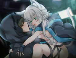 Rule 34 | 1boy, 1girl, after kiss, animal ears, arknights, black jacket, breasts, cape, cat ears, cat girl, cat tail, commentary request, daram (shappydude), doctor (arknights), faceless, faceless male, fingerless gloves, gloves, green eyes, highres, hood, hood down, hood up, hooded cape, hooded jacket, implied sex, jacket, leg ribbon, long hair, male doctor (arknights), partial commentary, ribbon, rosmontis (arknights), saliva, saliva trail, small breasts, sweat, tail, thigh ribbon, tongue, tongue out, white hair