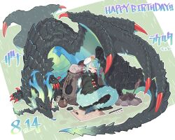 Rule 34 | 1girl, absurdres, aqua hair, aqua scales, backpack, bag, beret, black cloak, blue horns, borrowed character, brown bag, campfire, cloak, closed eyes, colored tongue, dragon, dragon girl, dragon horns, dragon tail, drooling, fish, frying pan, full body, grass, green background, happy birthday, hat, highres, hood, hood down, hooded cloak, horns, inu fuji, lantern, map, mouth drool, multicolored hair, open mouth, original, outdoors, pointy ears, purple tongue, rotisserie, scales, short eyebrows, short hair, sitting, sleeping, small horns, solo, streaked hair, tail, virtual youtuber, white hat