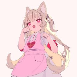 Rule 34 | 1girl, animal ear fluff, animal ears, apron, blonde hair, cat ears, center frills, collared dress, commentary request, dress, frills, hajime (hajime-ill-1st), hands up, heart, heart print, highres, kemonomimi mode, long hair, looking at viewer, natori sana, open mouth, paw pose, pink apron, puffy short sleeves, puffy sleeves, red eyes, sana channel, short sleeves, simple background, smile, solo, standing, virtual youtuber, white background, white dress