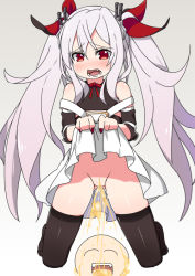 Rule 34 | 1boy, 1girl, azur lane, black thighhighs, closed eyes, clothes lift, detached sleeves, drinking pee, embarrassed, hair ornament, hands up, lifted by self, long hair, minamimachi naname, nail polish, no panties, open mouth, peeing, pussy, red eyes, shiny skin, simple background, skindentation, skirt, skirt lift, teeth, thighhighs, twintails, uncensored, vampire (azur lane), white background, white hair, white skirt