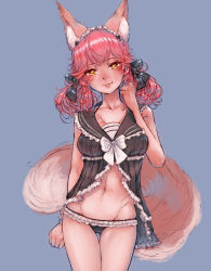 Rule 34 | 1girl, absurdres, animal ear fluff, animal ears, arm at side, black bow, black panties, bow, breasts, clenched hand, demstouts, fate/grand order, fate (series), fox ears, fox girl, fox tail, frilled panties, frills, gluteal fold, grey background, groin, hair bow, hairband, highres, looking at viewer, midriff, navel, panties, pink hair, short twintails, simple background, solo, standing, tail, tamamo (fate), tamamo no mae (fate/extra), twintails, underwear, white bow, yellow eyes