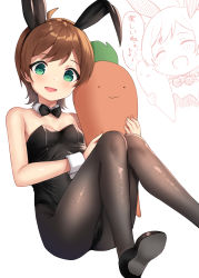 Rule 34 | 1girl, :d, ^ ^, ahoge, animal ears, bare shoulders, binsen, black footwear, black leotard, black neckwear, blush, bow, bowtie, breasts, brown hair, closed eyes, collar, detached collar, fake animal ears, green eyes, highres, holding, holding stuffed toy, idolmaster, idolmaster million live!, kinoshita hinata, knees up, leotard, looking at viewer, multiple views, open mouth, pantyhose, playboy bunny, rabbit ears, shoe soles, shoes, short hair, simple background, sitting, small breasts, smile, strapless, strapless leotard, stuffed carrot, stuffed toy, translation request, white background, white collar, wing collar, wrist cuffs