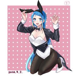 Rule 34 | 1girl, animal ears, artist logo, black bow, black bowtie, black coat, black pantyhose, blue eyes, blue hair, border, bow, bowtie, breasts, cleavage, coat, dated, detached collar, fake animal ears, full body, gradient hair, high heels, highres, kantai collection, kneeling, leotard, long hair, multicolored hair, pantyhose, pink background, playboy bunny, rabbit ears, samidare (kancolle), small breasts, solo, strapless, strapless leotard, susamibukuro, swept bangs, tailcoat, two-tone background, very long hair, white border, white footwear, white leotard