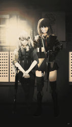Rule 34 | 2girls, absurdres, armor, assault rifle, bandage over one eye, black footwear, black necktie, black pants, black skirt, boots, brown hair, closed eyes, closed mouth, commentary request, full body, girls&#039; frontline, green eyes, gun, h&amp;k hk416, hair between eyes, hair ornament, hairclip, headphones, headphones around neck, highres, hk416 (girls&#039; frontline), holding, holding gun, holding weapon, kanoe (kanoe502), knee pads, long hair, looking at viewer, m16, m16a1, m16a1 (girls&#039; frontline), mechanical arms, mole, mole under eye, multiple girls, necktie, open mouth, pants, rifle, scar, scar across eye, scar on face, shirt, shoes, silver hair, single mechanical arm, skirt, smile, standing, teardrop facial mark, teardrop tattoo, weapon, white shirt, yellow shirt