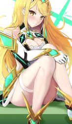 Rule 34 | 1girl, armor, bare shoulders, blonde hair, blush, breasts, cleavage, cleavage cutout, clothing cutout, earrings, gem, gloves, headpiece, highres, ippers, jewelry, long hair, looking at viewer, medium breasts, mythra (xenoblade), nintendo, simple background, sitting, solo, thighs, tiara, xenoblade chronicles (series), xenoblade chronicles 2, yellow eyes