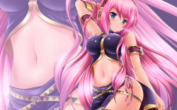 Rule 34 | 1girl, armband, bare hips, blue eyes, blush, breasts, covered erect nipples, detached sleeves, gold trim, headphones, highres, large breasts, long hair, megurine luka, midriff, navel, obiwan, pink hair, skirt, solo, stomach, very long hair, vocaloid, wallpaper, zoom layer