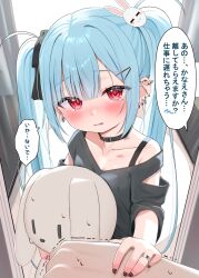 Rule 34 | 1boy, 1girl, black bow, black collar, black nails, black shirt, blue hair, blush, bow, breasts, cleavage, collar, collarbone, commentary request, ear piercing, earrings, hair between eyes, hair bow, hair ornament, hairclip, highres, hugging object, jewelry, kanae (tsukiman), long hair, looking at viewer, nail polish, nose blush, off shoulder, original, parted lips, piercing, rabbit hair ornament, red eyes, ring, shirt, small breasts, solo focus, stuffed animal, stuffed rabbit, stuffed toy, sweat, tears, translation request, trembling, tsukiman, twintails, very long hair