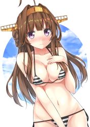 Rule 34 | 10s, 1girl, ahoge, bad id, bad pixiv id, bare shoulders, bikini, blue sky, blunt bangs, blush, breasts, brown hair, cleavage, cloud, collarbone, cowboy shot, day, double bun, dutch angle, eyebrows, groin, hair bun, hair intakes, hairband, hand on own chest, headgear, highres, kantai collection, karutamo, kongou (kancolle), large breasts, light smile, long hair, looking at viewer, micro bikini, navel, nose blush, sky, solo, stomach, striped bikini, striped clothes, swimsuit, wavy mouth