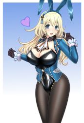 Rule 34 | 1girl, adapted costume, atago (kancolle), black gloves, black leotard, black pantyhose, blonde hair, blue background, blue jacket, blush, breasts, cleavage, cowboy shot, frilled sleeves, frills, fur collar, gloves, gradient background, green eyes, hair between eyes, heart, highres, jacket, kantai collection, large breasts, leotard, long hair, long sleeves, looking at viewer, nkgw, open mouth, pantyhose, playboy bunny, smile, solo