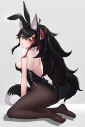 Rule 34 | absurdres, alternate hairstyle, animal ears, ass, backless outfit, black hair, blush, breasts, commentary request, fake animal ears, fox ears, higashigure, highres, hololive, leotard, long hair, looking at viewer, looking back, no shoes, ookami mio, painttool sai (medium), pantyhose, partial commentary, playboy bunny, rabbit ears, simple background, solo, virtual youtuber, white background, wolf ears, yellow eyes