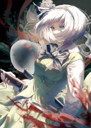 Rule 34 | 1girl, absurdres, black background, black bow, black bowtie, blood, blue eyes, bow, bowtie, breasts, closed mouth, collared shirt, flower, ghost, green skirt, green vest, grey flower, grey hair, grey hairband, grey ribbon, hairband, hand up, highres, hitodama, holding, holding weapon, katana, konpaku youmu, konpaku youmu (ghost), leaf, light, long sleeves, looking to the side, medium breasts, multicolored hair, ribbon, shirt, short hair, skirt, solo, standing, sword, toku kekakewanko, touhou, two-tone hair, v-shaped eyebrows, vest, weapon, white hair, white shirt