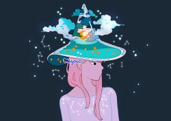 Rule 34 | 1girl, artist name, black background, black eyes, cloud, constellation, crescent moon, hat, long hair, looking to the side, meyoco, moon, night, night sky, original, pink hair, portrait, simple background, sky, solo, star (sky), star (symbol), water, witch hat