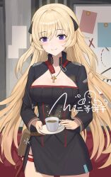 Rule 34 | 1girl, absurdres, artist name, blonde hair, breasts, closed mouth, coffee, coffee mug, cowboy shot, cross, cross necklace, cup, g3 (girls&#039; frontline), girls&#039; frontline, hair ornament, highres, holding, holding cup, jewelry, long hair, long sleeves, medium breasts, mug, necklace, purple eyes, signature, simobulanka, smile, solo