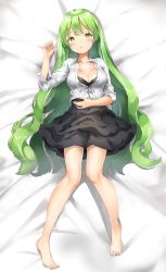 1girl absurdres arm_up bad_id bad_pixiv_id barefoot black_bra black_skirt bra breasts cleavage dakimakura_(medium) feet green_eyes green_hair hand_on_own_stomach highres keibeam knees_together_feet_apart legs long_hair lying on_back open_clothes open_shirt original shirt skirt solo thighs toes unbuttoned underwear white_shirt