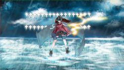 Rule 34 | 1girl, brown hair, brown skirt, closed mouth, cloud, cloudy sky, commentary request, gomio (bb-k), hat, japanese clothes, kantai collection, kariginu, long sleeves, looking at viewer, onmyouji, outdoors, pleated skirt, rigging, ryuujou (kancolle), scroll, shikigami, skirt, sky, standing, twintails, visor cap, water, wide sleeves