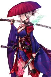 Rule 34 | 1girl, applekun, black thighhighs, blue eyes, blue kimono, breasts, cleavage, clothing cutout, detached sleeves, dual wielding, earrings, fate/grand order, fate (series), hair ornament, hat, highres, holding, japanese clothes, jewelry, katana, kimono, large breasts, leaf print, looking away, magatama, maple leaf print, miyamoto musashi (fate), miyamoto musashi (third ascension) (fate), navel cutout, obi, over shoulder, pink hair, ponytail, sash, sheath, sheathed, simple background, sleeveless, sleeveless kimono, solo, sword, thighhighs, weapon, weapon over shoulder, white background, wide sleeves