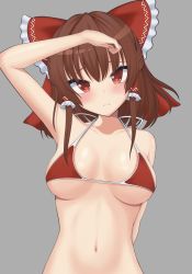 Rule 34 | 1girl, arm behind back, arm up, armpits, bad id, bad pixiv id, bare shoulders, bikini, blush, bow, breasts, brown hair, closed mouth, collarbone, eyebrows hidden by hair, frilled bow, frilled hair tubes, frills, frown, grey background, hair bow, hair tubes, hakurei reimu, hand on forehead, head tilt, highres, l (rrvu8245), long hair, medium breasts, navel, red bikini, red bow, red eyes, sidelocks, simple background, solo, swimsuit, touhou, tsurime, upper body