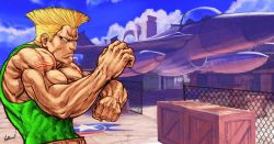 Rule 34 | 1boy, aircraft, airplane, american flag, blonde hair, blue sky, clenched hand, day, fighter jet, fighting stance, flattop, guile, highres, jet, male focus, manly, military, military vehicle, muscular, serious, sky, solo, street fighter, street fighter v, tank top, tattoo, vehicle focus, veins, wallace pires