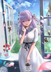 Rule 34 | 1girl, aomaru (shta-chu-jisuiai), blush, breasts, bug, butterfly, dress, fate/stay night, fate (series), hair ribbon, highres, insect, jar, large breasts, long hair, looking at viewer, matou sakura, official alternate costume, open mouth, petals, purple eyes, purple hair, red ribbon, ribbon, short sleeves, solo, white dress, window