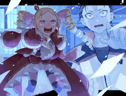 Rule 34 | beatrice (re:zero), black hair, blonde hair, butterfly-shaped pupils, capelet, crown, crying, crying with eyes open, d:, dress, drill hair, flying paper, frilled dress, frills, fur-trimmed capelet, fur trim, hand on own chest, hand up, library, long hair, mini crown, natsuki subaru, open mouth, pantyhose, paper, parupin, re:zero kara hajimeru isekai seikatsu, ribbon, short hair, surprised, symbol-shaped pupils, tears, track suit, twin drills, wide-eyed