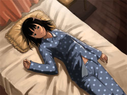 Rule 34 | 1girl, bed, black hair, frilled pillow, frills, lowres, lying, navel, oboro (squeeze), pajamas, pillow, polka dot, polka dot pajamas, polka dot shirt, shirt, solo