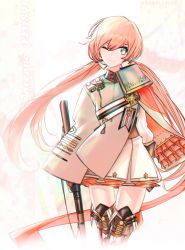 Rule 34 | 1girl, absurdly long hair, arm behind back, artist name, asymmetrical clothes, bolt action, boots, carcano, carcano m1891 (girls&#039; frontline), character name, commentary, cropped legs, girls&#039; frontline, green eyes, kky, long hair, looking at viewer, low twintails, one eye closed, pink hair, rifle, smile, solo, thigh boots, thighhighs, twintails, very long hair