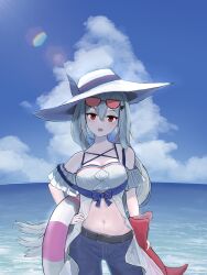 Rule 34 | 1girl, absurdres, arknights, belt, blue shorts, blue sky, breasts, cloud, commentary, dakechacha, eyewear on head, grey hair, hand on own hip, hat, head tilt, highres, holding, holding swim ring, inflatable orca, inflatable toy, innertube, large breasts, lens flare, long hair, looking at viewer, midriff, ocean, off shoulder, official alternate costume, open mouth, orange-tinted eyewear, orca hair ornament, outdoors, shirt, shorts, skadi (arknights), skadi (waverider) (arknights), sky, solo, sun hat, sunglasses, swim ring, tinted eyewear, white hat, white shirt