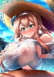Rule 34 | 1boy, 1girl, absurdres, alternate breast size, bare shoulders, blush, breasts, breasts squeezed together, brown hair, covered erect nipples, earrings, enyo (granblue fantasy), flower, granblue fantasy, green eyes, hair between eyes, hair flower, hair ornament, hairband, hat, hetero, highres, huge breasts, jewelry, long hair, looking at penis, outdoors, paizuri, paizuri under clothes, palm tree, penis, see-through, sidelocks, sky, solo focus, stir255, straw hat, sun hat, tree, upper body