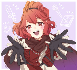 Rule 34 | 1girl, :d, anna (fire emblem), black gloves, book, cape, dress, fire emblem, fire emblem engage, gloves, jewelry, long sleeves, looking at viewer, mojakkoro, nintendo, open mouth, outstretched hand, ponytail, purple background, red dress, red eyes, red hair, ring, smile, solo, staff, sword, teeth, two-tone dress, upper body, upper teeth only, weapon, white dress