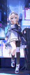 Rule 34 | 1girl, absurdres, against wall, ahoge, arm support, arrow (symbol), bag, black bag, black socks, blonde hair, blue coat, blush, cityscape, closed mouth, coat, coria, covering own mouth, glass, goggles, goggles on head, green eyes, handbag, highres, knee pads, leg up, long hair, long sleeves, looking at viewer, night, open clothes, open coat, orange scarf, original, outdoors, pleated skirt, puffy long sleeves, puffy sleeves, scarf, shirt, shoes, sidelocks, skirt, smile, sneakers, socks, solo, standing, very long hair, white footwear, white shirt, white skirt