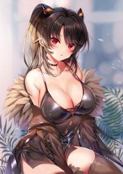 Rule 34 | 1girl, absurdres, black dress, black hair, black thighhighs, blush, breasts, cleavage, dress, fur trim, hair ornament, highres, iris yuma, large breasts, long hair, looking at viewer, maett, open mouth, red eyes, solo, soulworker, thighhighs