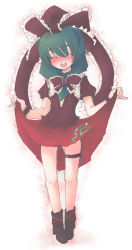 Rule 34 | 1girl, :d, blush, bow, bowtie, closed eyes, dress, female focus, front ponytail, green eyes, green hair, hair bow, kagiyama hina, matching hair/eyes, naik, open mouth, puffy short sleeves, puffy sleeves, red bow, red bowtie, red dress, ribbon, short hair, short sleeves, smile, solo, standing, thigh strap, touhou, white background