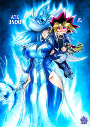 Rule 34 | 1boy, 1girl, black shirt, blonde hair, blue dress, blue eyes, blue hair, carrying, carrying person, closed mouth, cowboy shot, dress, duel disk, electricity, electrokinesis, gloves, glowing, hair over one eye, hat, highres, hip vent, holding, holding staff, lips, long hair, multicolored hair, muto yugi, pink eyes, pink hair, school uniform, shirt, silent magician, spiked hair, staff, standing, the golden smurf, two-tone hair, white gloves, wide hips, witch hat, yu-gi-oh!, yu-gi-oh! duel monsters