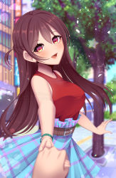 Rule 34 | 1girl, belt, breasts, brown hair, building, character request, circle, city, copyright request, eyebrows, eyelashes, happy, highres, holding hands, kamaniki, lips, long hair, multicolored eyes, open mouth, shirt, skirt, sleeveless, sleeveless shirt, solo focus, sparkle, star (symbol), tree, watermark, wristband