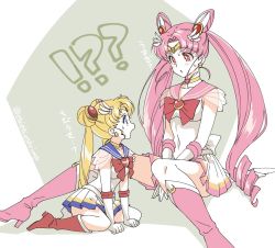 Rule 34 | !?, 2girls, age switch, aged down, aged up, between legs, bishoujo senshi sailor moon, blonde hair, blue eyes, blush, boots, bow, bowtie, breasts, brooch, chibi usa, choker, circlet, cone hair bun, crescent, crescent earrings, double bun, drill hair, earrings, elbow gloves, feather hair ornament, feathers, full body, gloves, grey background, hair bun, hair ornament, hand between legs, heart, heart brooch, high heel boots, high heels, jewelry, knee boots, leotard, long hair, looking at another, medium breasts, miniskirt, multiple girls, open mouth, parted bangs, parted lips, pink footwear, pink hair, pleated skirt, red eyes, red footwear, red neckwear, sailor collar, sailor moon, shuri (84k), simple background, sitting, skirt, sweatdrop, thighs, tiara, translated, tsukino usagi, twin drills, twintails, twitter username, wariza, white background, white gloves, white leotard, white skirt