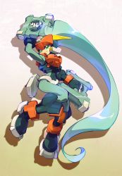 Rule 34 | 1girl, absurdly long hair, armor, ashe (mega man), bodysuit, boots, capcom, covered navel, full body, gradient background, green eyes, helmet, high ponytail, highres, hip focus, holding, holding weapon, inti creates, knees together feet apart, kon (kin219), long hair, mega man (series), mega man zx, mega man zx advent, model a (mega man), ponytail, power armor, silver hair, smile, solo, very long hair, weapon