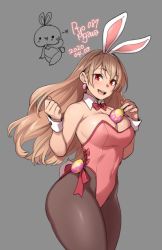 Rule 34 | 1girl, 2020, agawa ryou, animal ears, bare shoulders, breasts, brown hair, cleavage, commentary, covered navel, cowboy shot, cuffs, dated, detached collar, egg, fake animal ears, grey background, large breasts, leotard, long hair, original, pantyhose, playboy bunny, rabbit ears, rabbit tail, red eyes, sideboob, signature, simple background, smile, solo, tail, thick thighs, thighs