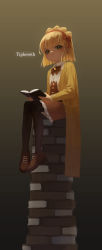 Rule 34 | 1girl, absurdres, bad id, bad pixiv id, black pantyhose, blonde hair, blouse, book, book stack, bow, brown background, brown bow, brown dress, brown footwear, brown neckwear, cardigan, character name, closed mouth, collared shirt, cone hair bun, disgust, dress, female focus, frilled dress, frills, gradient background, green eyes, grey background, hair bun, hair ribbon, highres, holding, holding book, library of ruina, lobotomy corporation, looking at viewer, medium hair, pantyhose, project moon, red bow, red ribbon, ribbon, shirt, solo, tiphereth a (project moon), white shirt, yellow cardigan, yoon cook