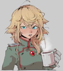 Rule 34 | 1girl, aged up, blonde hair, blue eyes, brooch, commentary, cup, english commentary, gloves, grey background, grey gloves, highres, holding, holding cup, jewelry, knuxy, military, military uniform, mug, open mouth, simple background, solo, tanya degurechaff, uniform, upper body, youjo senki