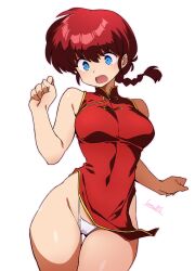 Rule 34 | 1girl, batta 16-sei, blue eyes, braid, braided ponytail, breasts, china dress, chinese clothes, commentary request, cowboy shot, curvy, dress, genderswap, genderswap (mtf), heart, highleg, highleg panties, highres, open mouth, panties, pelvic curtain, ranma-chan, ranma 1/2, red dress, red hair, saotome ranma, shiny skin, signature, single braid, sleeveless, sleeveless dress, solo, thigh gap, thong, underwear, white background, white panties, wide hips
