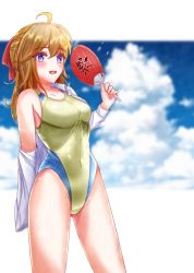 Rule 34 | 1girl, ahoge, blue eyes, blue sky, brown eyes, charomi, chikatetsu ni noru!, cloud, commentary request, commission, competition swimsuit, contrapposto, cowboy shot, hair ribbon, half updo, hand fan, highleg, highleg swimsuit, highres, long hair, multicolored clothes, multicolored swimsuit, one-piece swimsuit, open mouth, paper fan, red ribbon, ribbon, shirt, skeb commission, sky, solo, standing, swimsuit, uchiwa, uzumasa moe, white shirt, yellow one-piece swimsuit