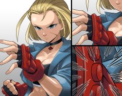 Rule 34 | 1girl, :&lt;, absurdres, antenna hair, armored gloves, black choker, black gloves, black sports bra, blonde hair, blue eyes, blue jacket, breasts, cammy white, choker, cleavage, clenched hand, close-up, collarbone, commentary, cropped jacket, emphasis lines, english commentary, facial scar, fighting stance, fingernails, gloves, hair slicked back, highres, jacket, leather, leather jacket, lego, medium breasts, midriff, nobusuke iwasaki, scar, scar on cheek, scar on face, serious, short hair, single vambrace, sleeves pushed up, solo, sports bra, street fighter, street fighter 6, the lego group, vambraces, zooming in